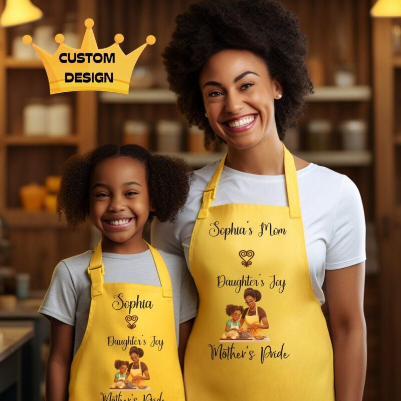 Personalized Yellow Apron Set: African Theme, Mom & Daughter Baking