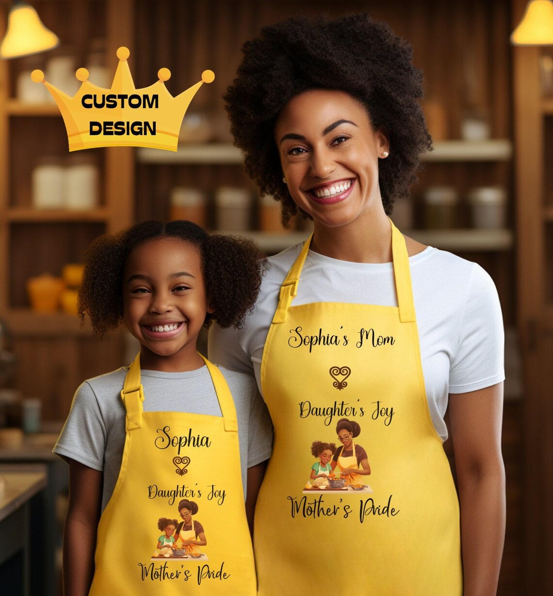 Personalized Yellow Apron Set: African Theme, Mom & Daughter Baking