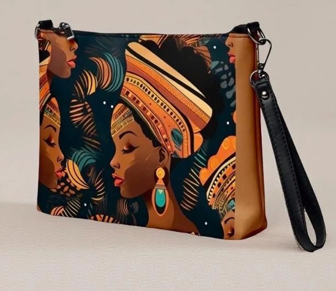 Boho Ethnic African Art Crossbody Bag, Faux Leather Shoulder Purse - Image 3